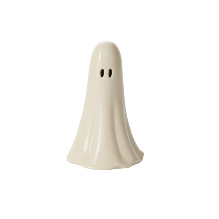 White ghost-shaped salt shaker on a white background