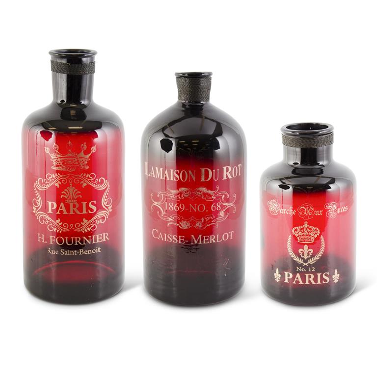 Design Shop Set Of 3 Red Transparent Bottle Vases W/Script