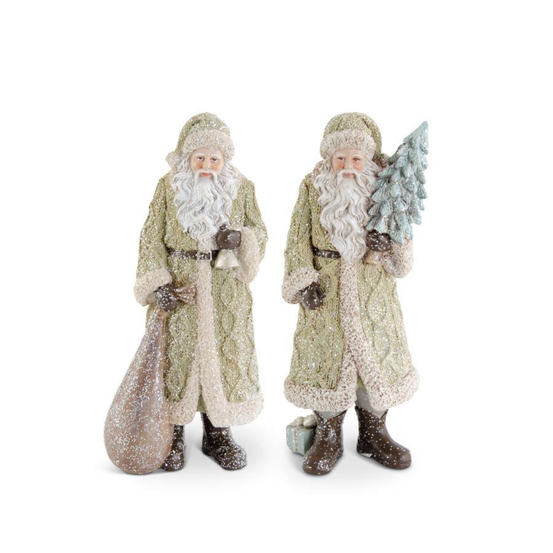 Shell Design Shop Assorted Glittered Resin Santas In Olive Green Coat. Set of 2.