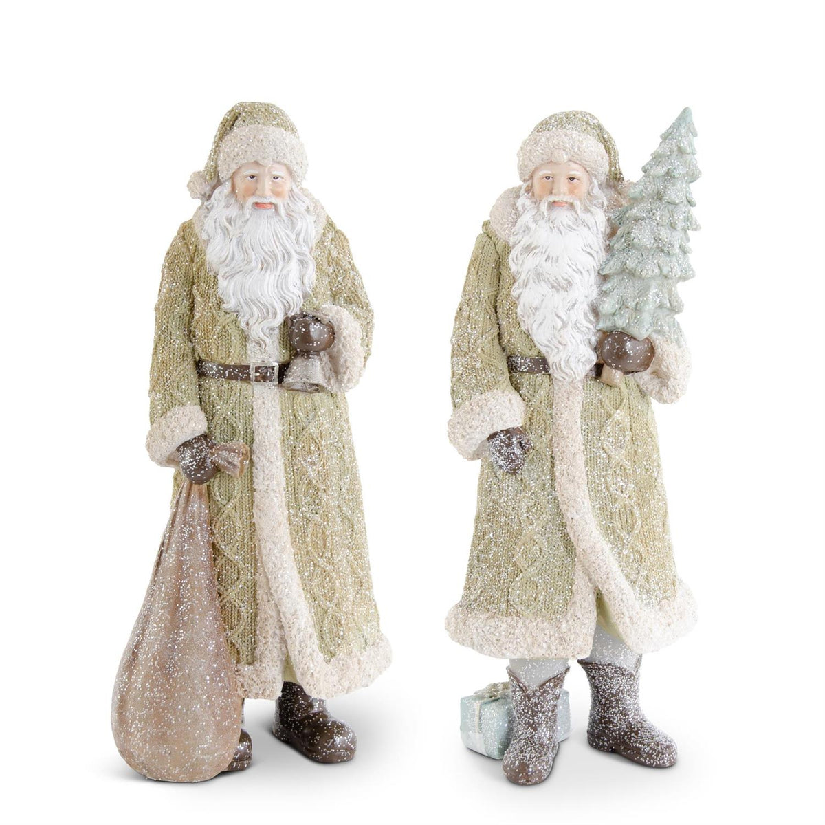 Shell Design Shop Assorted Glittered Resin Santas In Olive Green Coat. Set of 2.