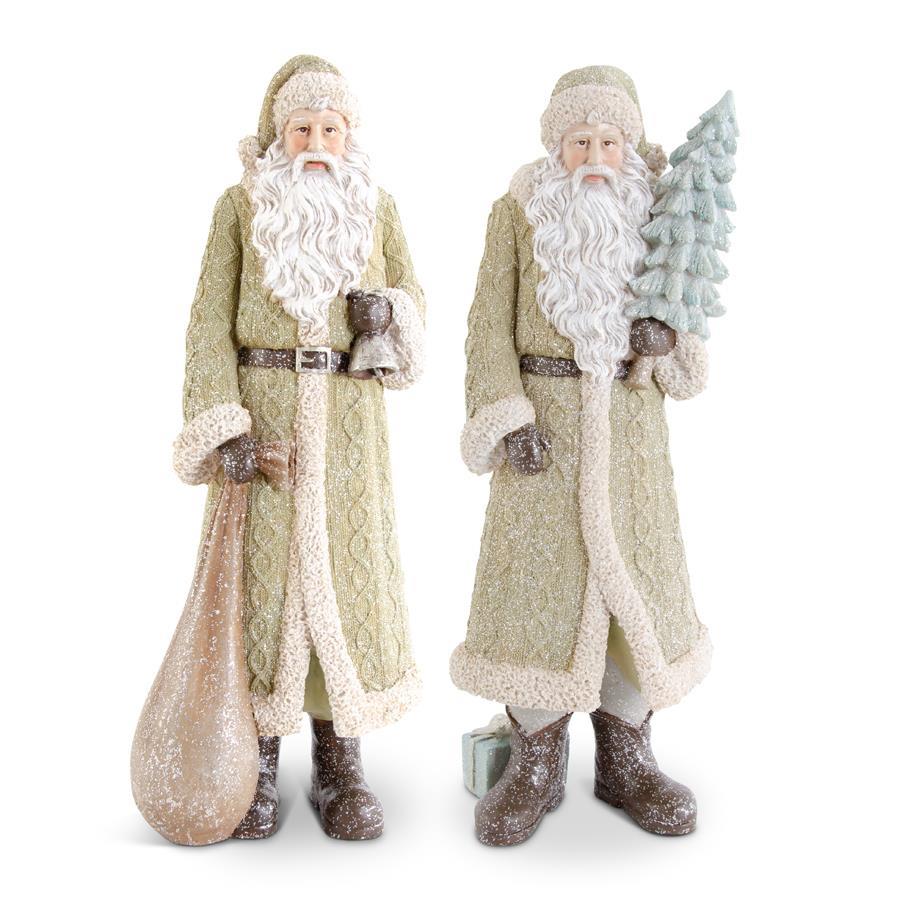 Design Shop Assorted Glittered Resin Santas in Olive Green Coat. Set of 2.
