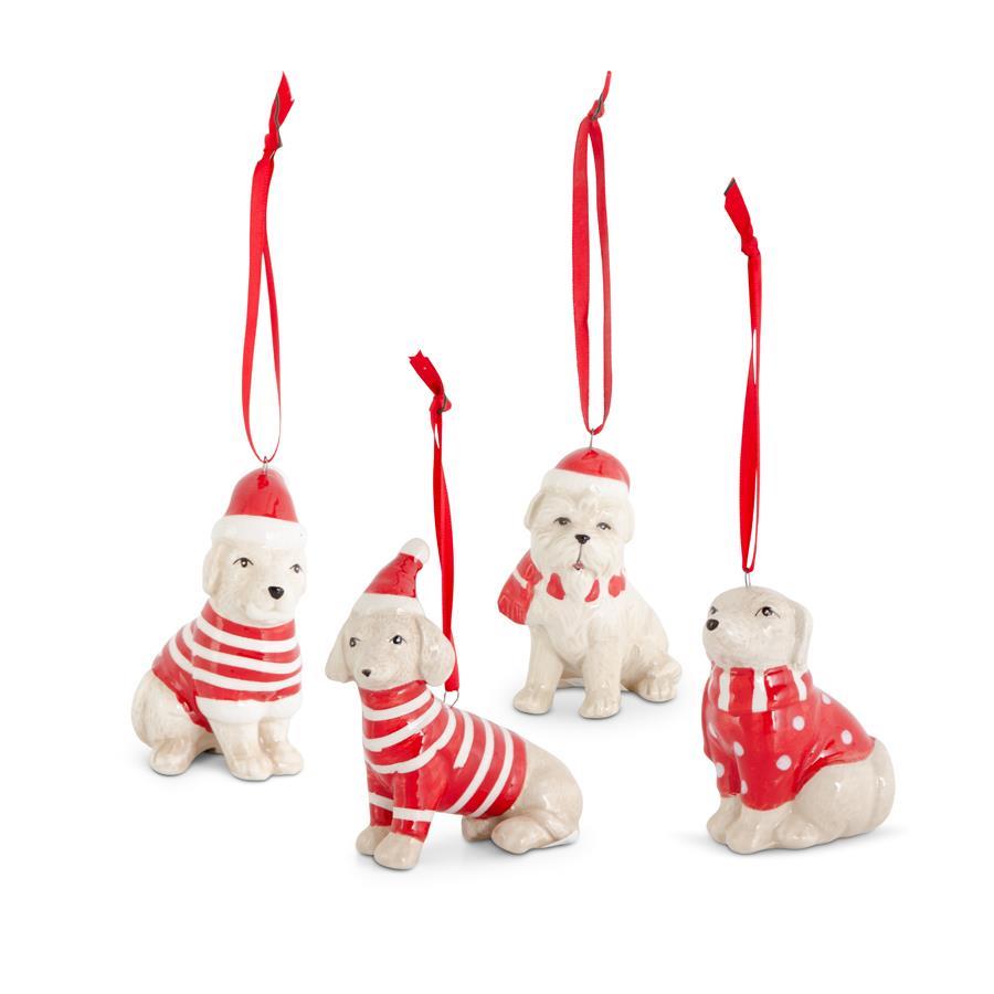 Shell Design Shop Assorted Dolomite Dog Ornaments w/ Santa Hats. Set of 4.