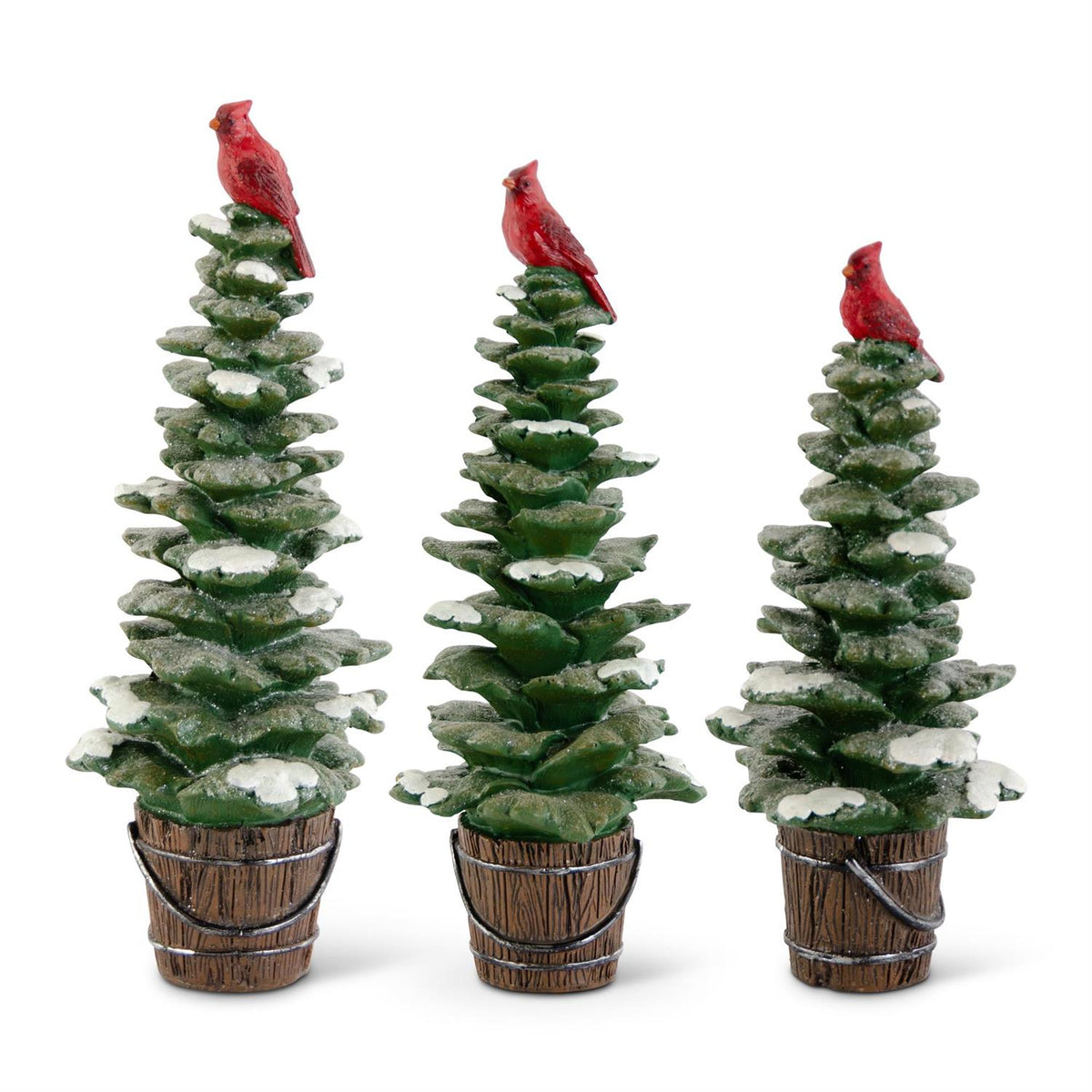 Design Shop Set of 3 Snowy Resin Trees On Pail W/Cardinal Top