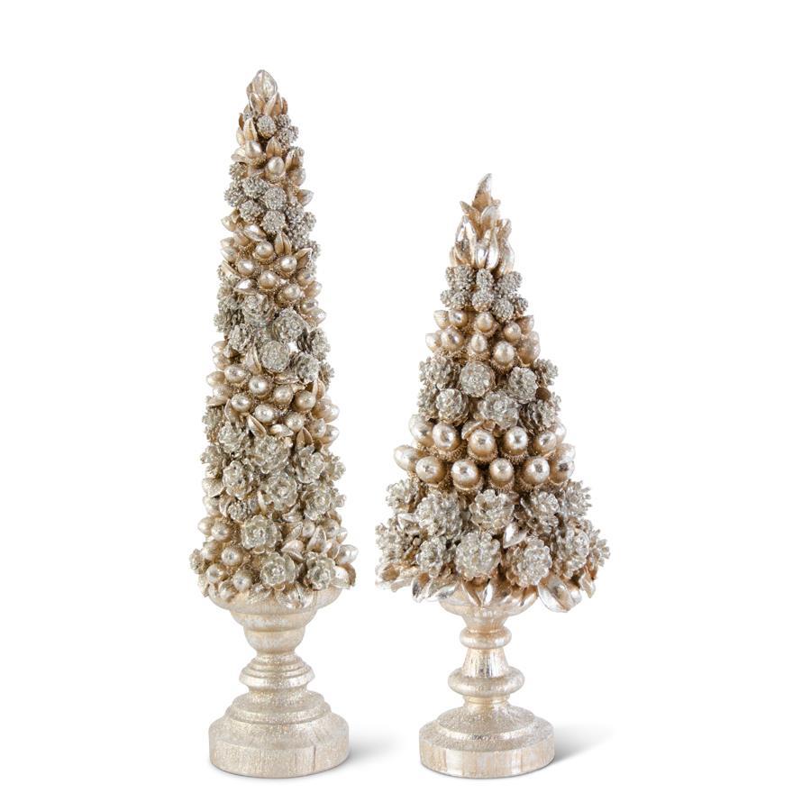 Shell Design Shop Set of 2 Resin Glittered Pinecone And Acorn Trees On Pedestals