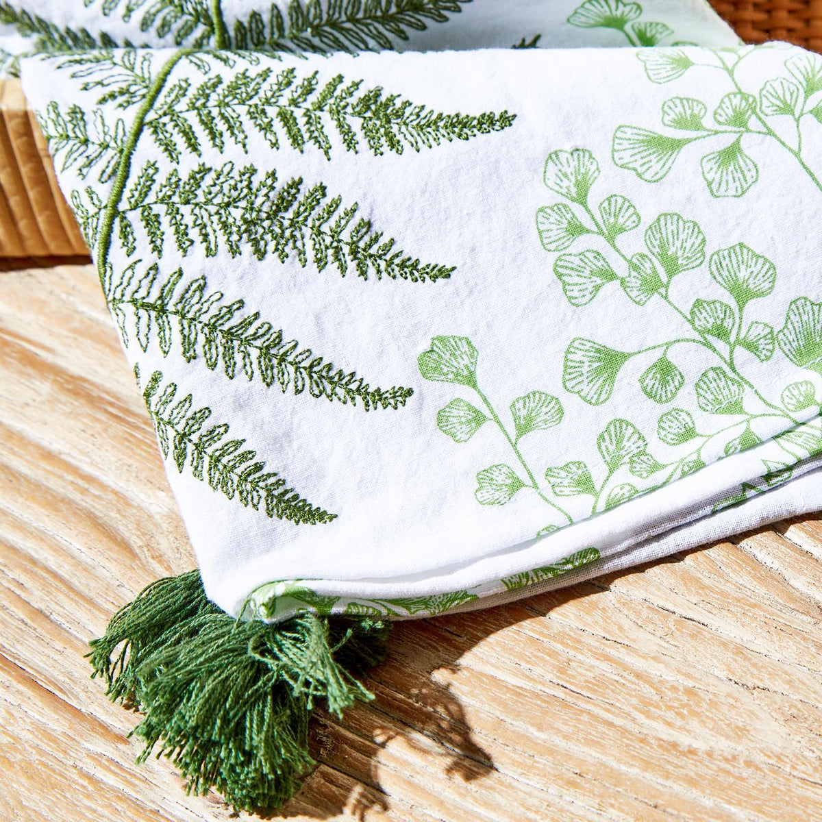 Design Shop Fanciful Fern Dish Towels w/Tassels Assorted Patterns - Cotton, Set of 2.
