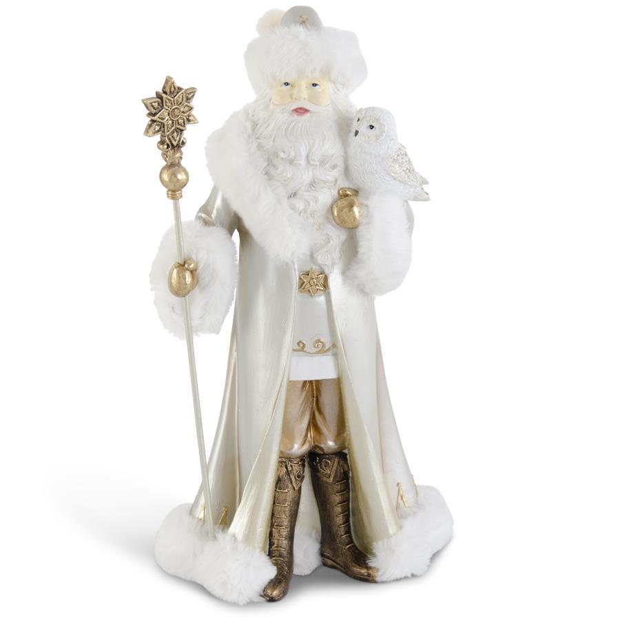 Design Shop 13 Inch White & Gold Resin Santa w/Owl & Staff