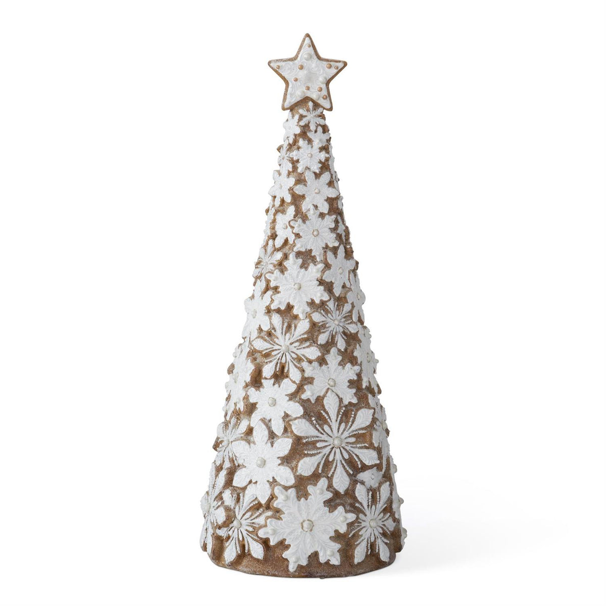 19" White & Brown Resin Glittered Snowflake Gingerbread Cone Tree