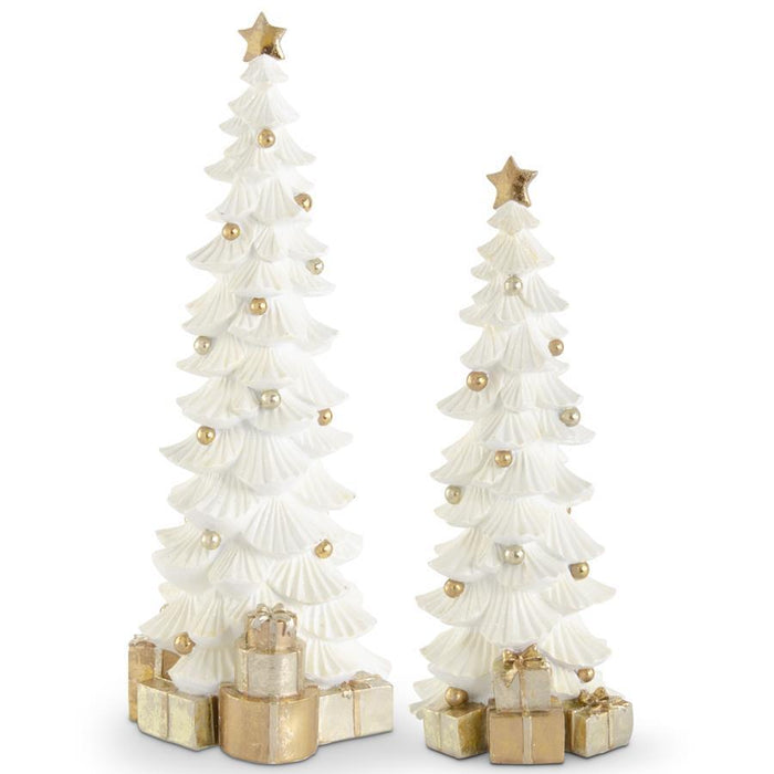 Design Shop Set of 2 White Glittered Resin Trees w/Gold Packages