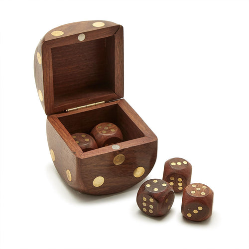 Design Shop Wood Crafted Dice Box with 6 Dice - Acacia Wood/Brass
