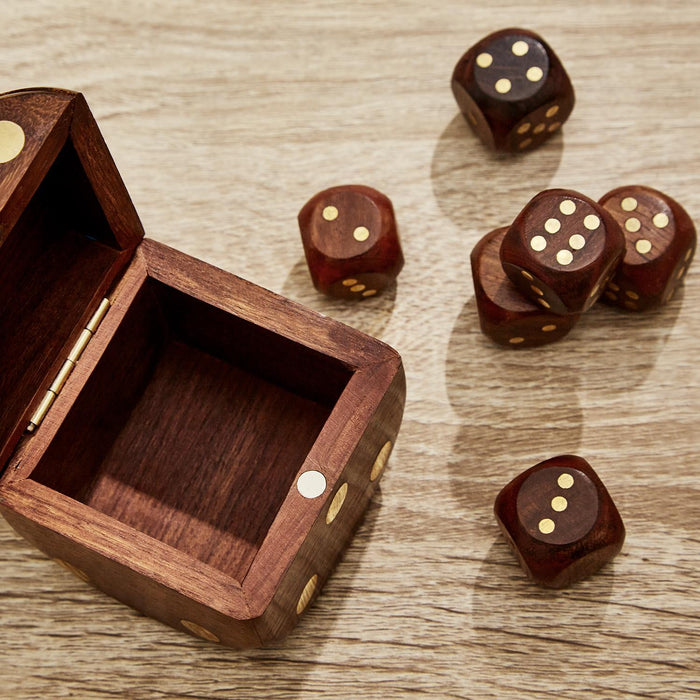 Design Shop Wood Crafted Dice Box with 6 Dice - Acacia Wood/Brass