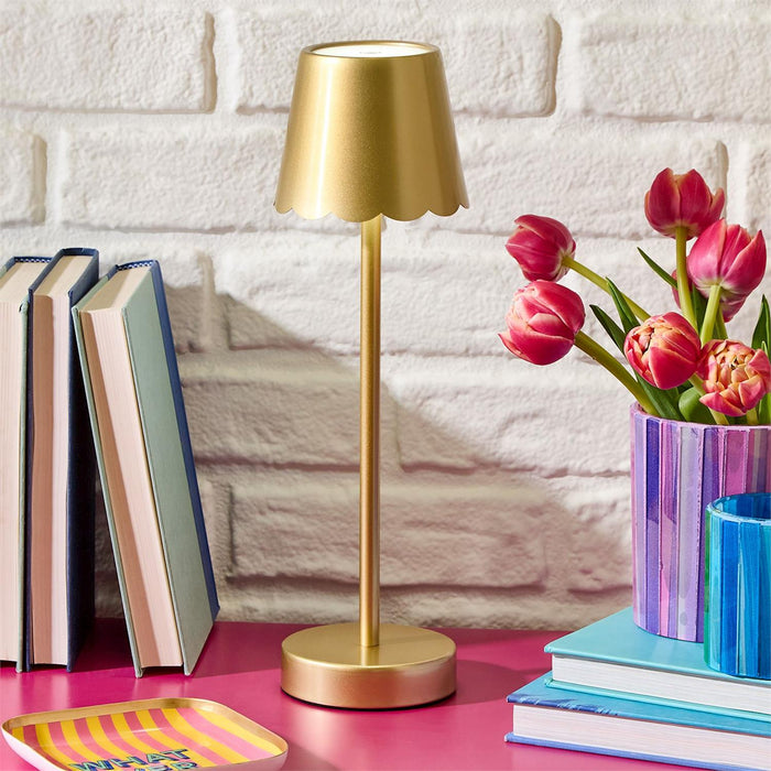 Design Shop Gold LED Cordless Table Lamp with Scalloped Shade 14.5"