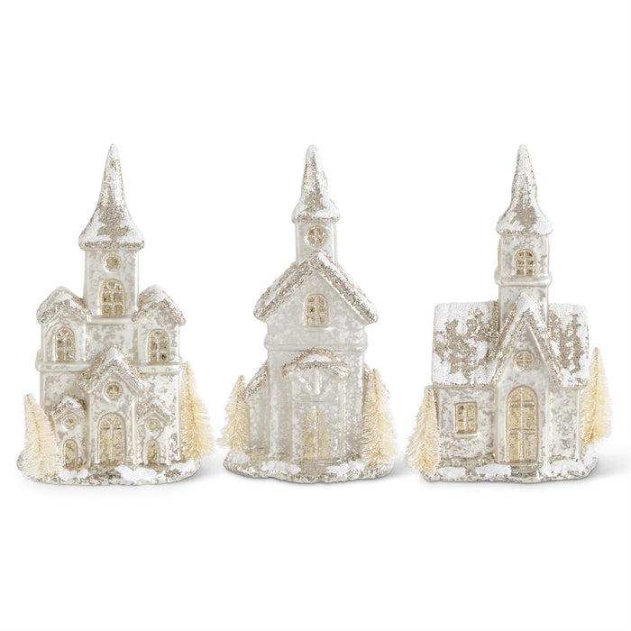 Design Shop Set of 3 Glittered LED Silver Mercury Glass Houses w/Timer