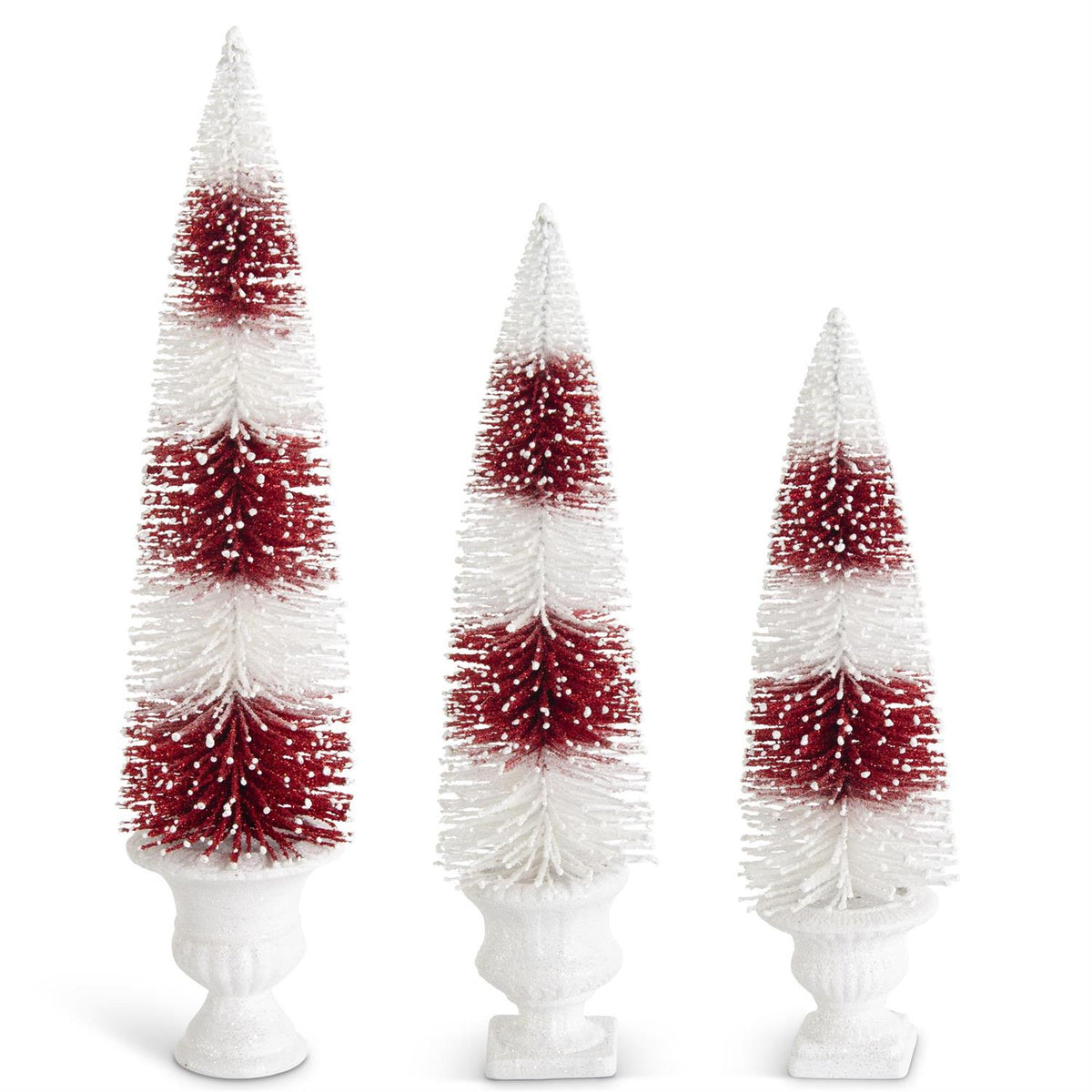 Design Shop Set of 3 Glittered White & Red Striped Bottle Brush Trees In Urn