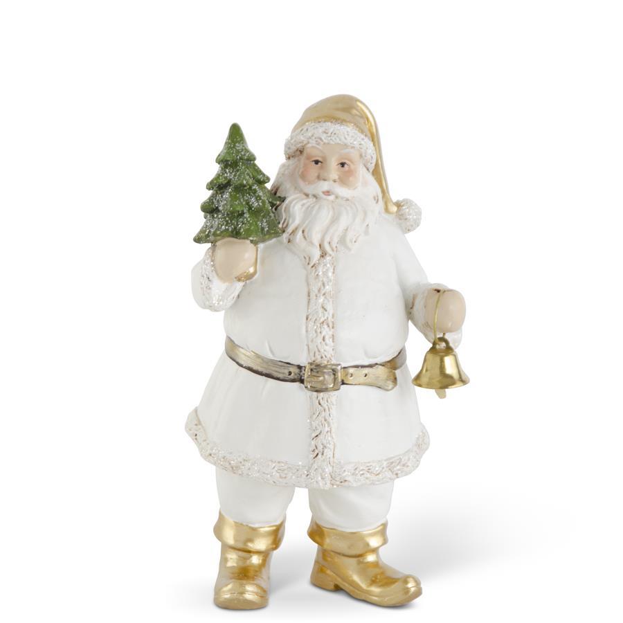 Design Shop 7.5 Inch White & Gold Resin Santa w/Tree & Bell