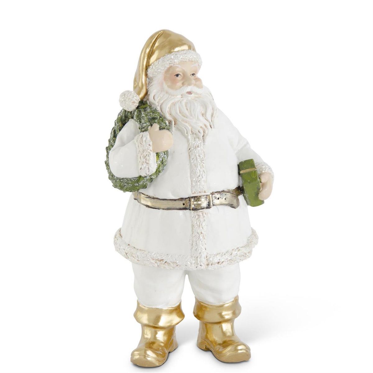 Design Shop 9 Inch White & Gold Resin Santa W/wreath & Package
