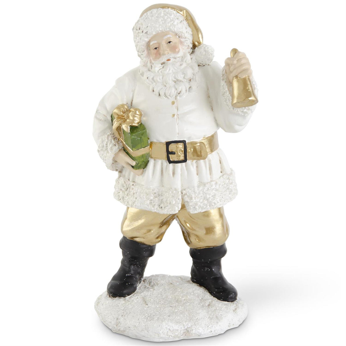 Design Shop 12.25 Inch White & Gold Resin Santa W/Package & Bell