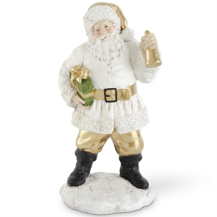 Decorative figure of a Santa Claus holding a gift on a white background