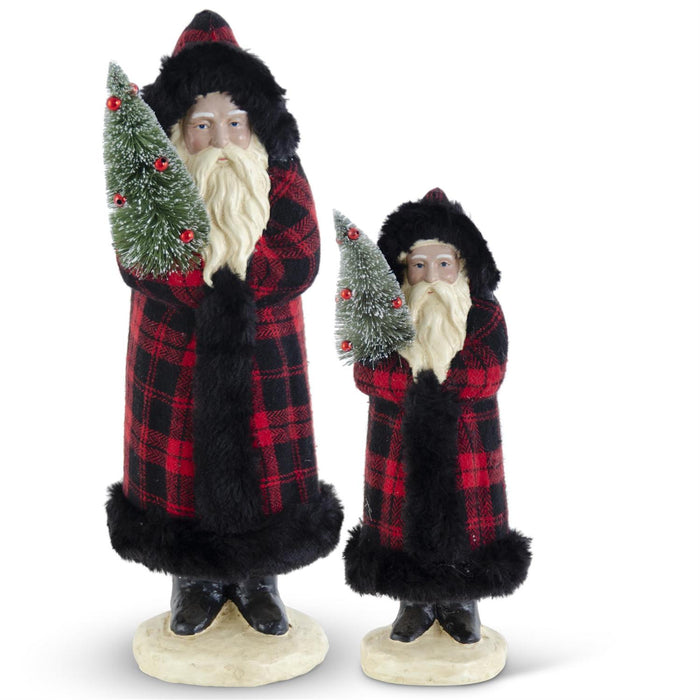 Design Shop Set of 2 Red & Black Plaid Santas w/Black Fur Trim Holding Tree