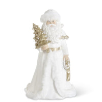 9" White & Gold Resin Santa Holding Tree with Fur Trim