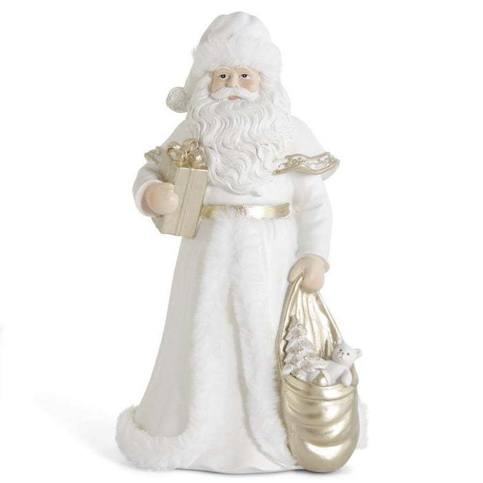 Design Shop 12 Inch White & Gold Resin Santa Holding Package w/Fur Trim