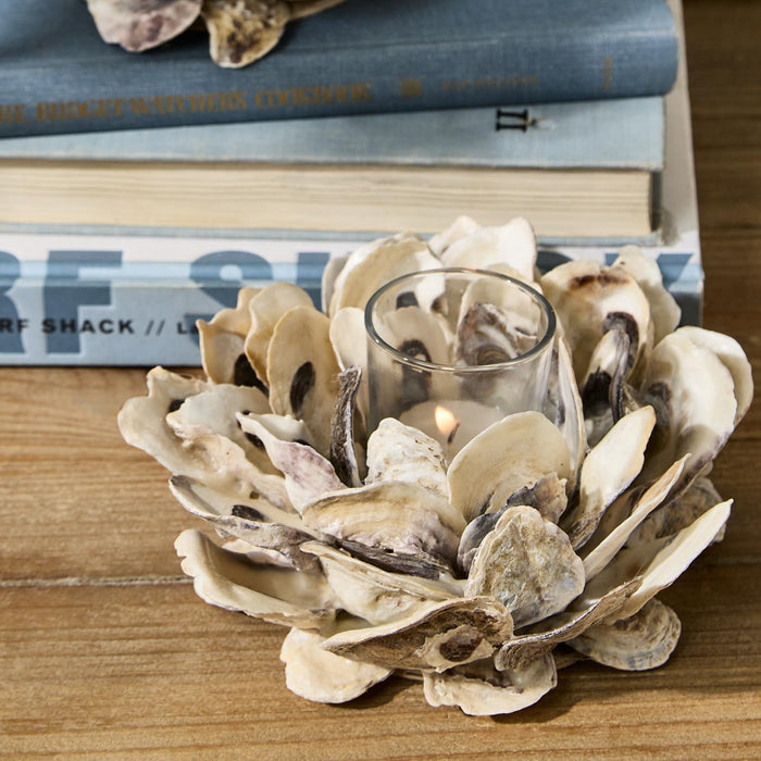 Design Shop Oyster Hand-Crafted Votive / Tealight Candleholder - Oyster Shell/Glass/Plywood