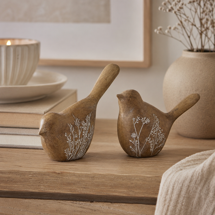 Design Shop Brown Resin Flower Embossed Birds, Set of 2