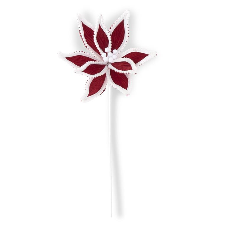 Design Shop 25 Inch Red Velvet Poinsettia w/White Pom Pom Trim