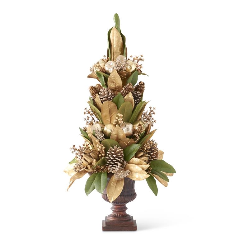 Design Shop 32 Inch Green & Gold Magnolia Leaf Topiary w/Apples Berries & Pi