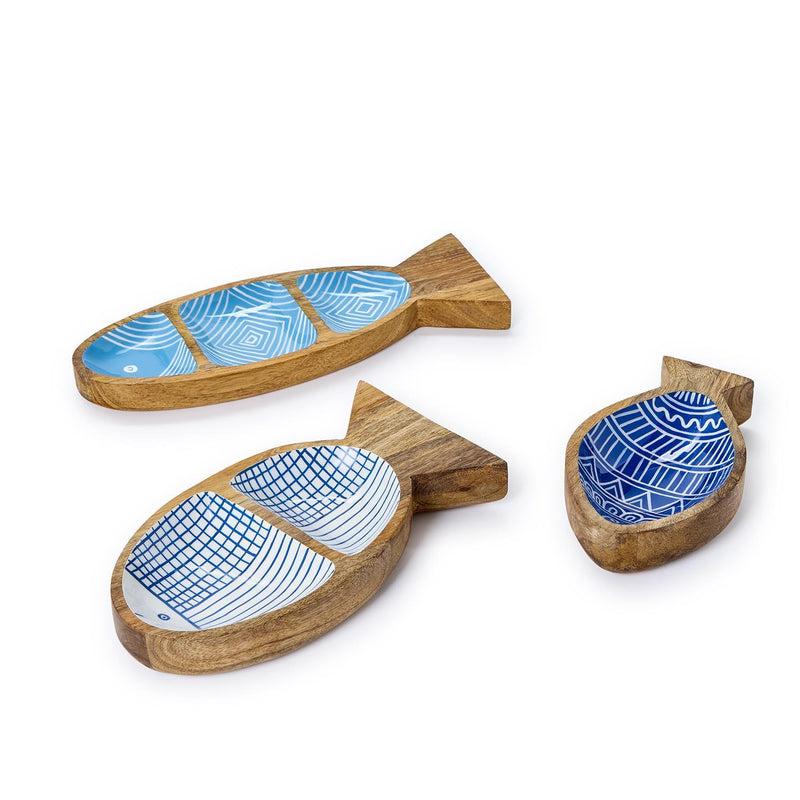 Design Shop Hand-Crafted Fish Trays - Mango Wood/Food Safe Lacquer, Set of 3.
