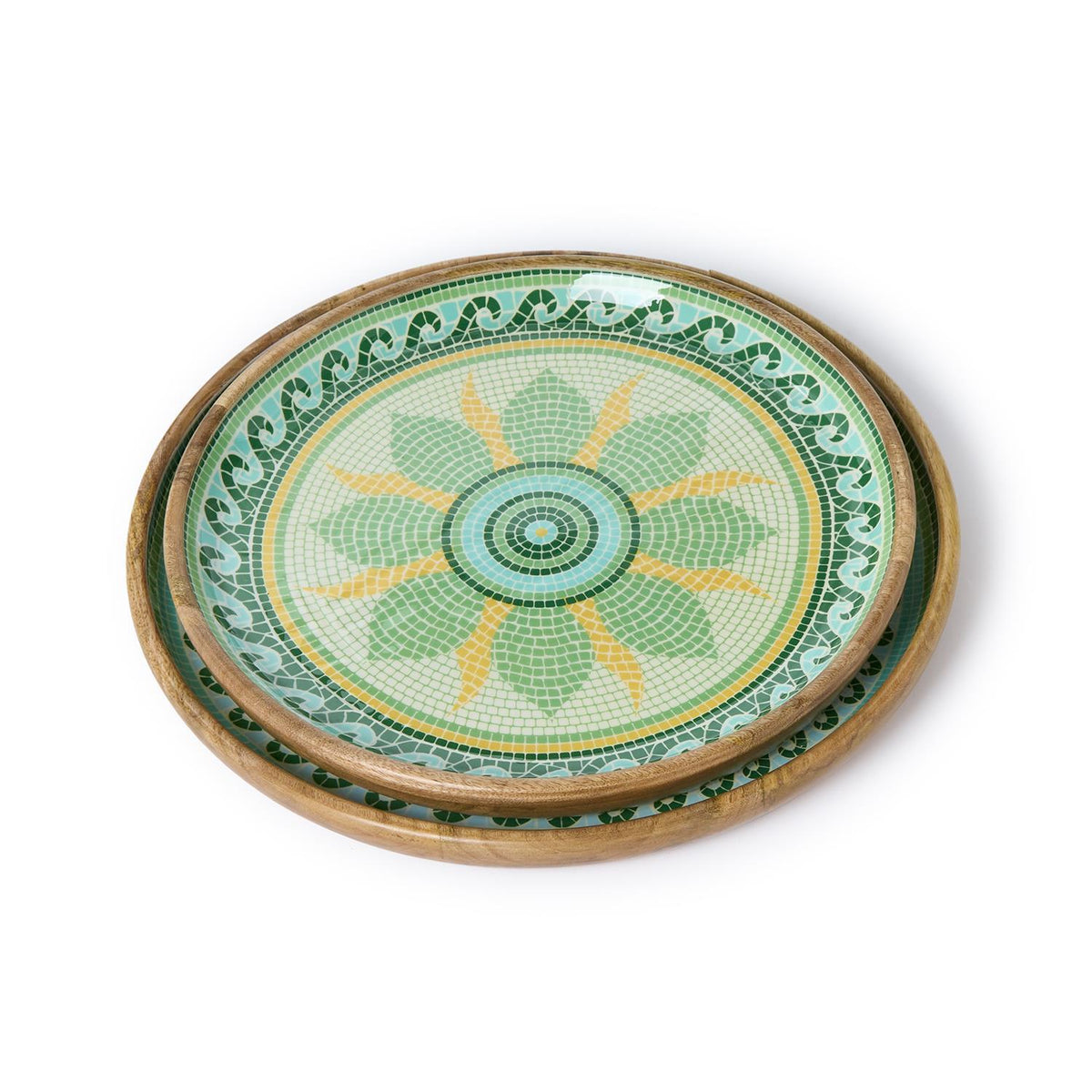 Design Shop Garden View Hand-Crafted Wooden Round Trays w/Enamel - Mango Wood/Food Safe Lacquer, Set of 2.