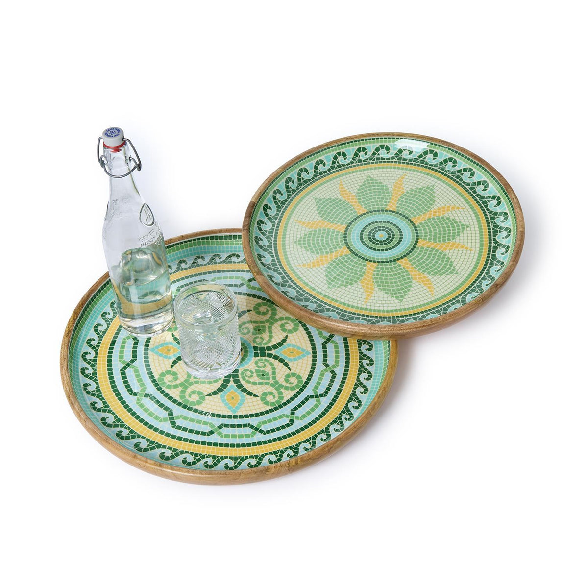 Design Shop Garden View Hand-Crafted Wooden Round Trays w/Enamel - Mango Wood/Food Safe Lacquer, Set of 2.