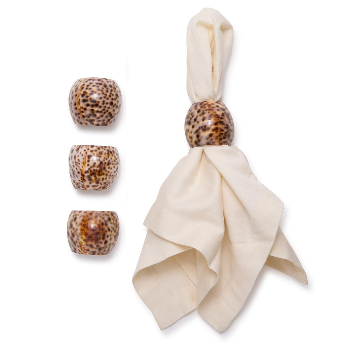 Design Shop Tiger Cowrie Napkin Holders in Natural Jute Pouch - Male Tiger Cowrie Shell/Jute, Set of 4.