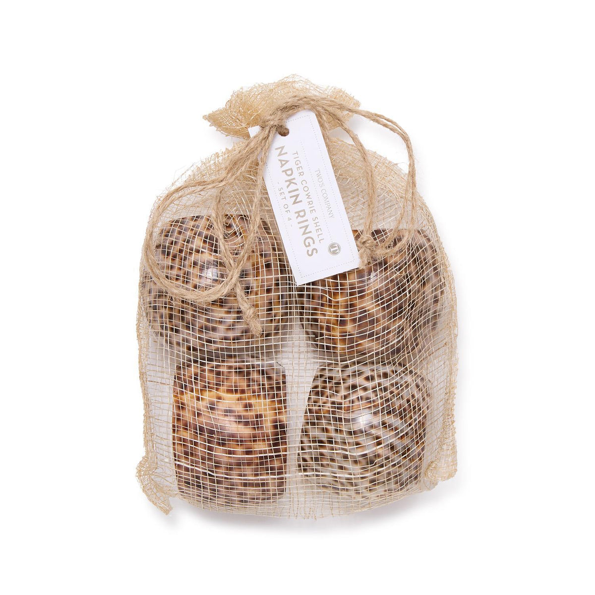 Design Shop Tiger Cowrie Napkin Holders in Natural Jute Pouch - Male Tiger Cowrie Shell/Jute, Set of 4.