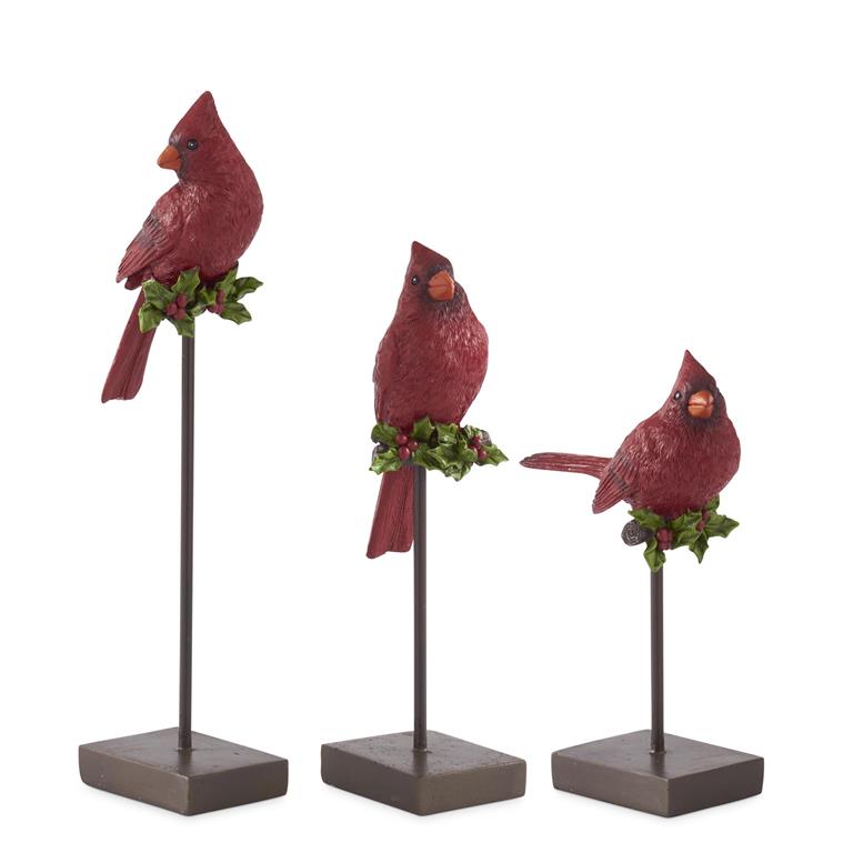Design Shop Set of 3 Resin Cardinals W/holly on Black Metal Spindle