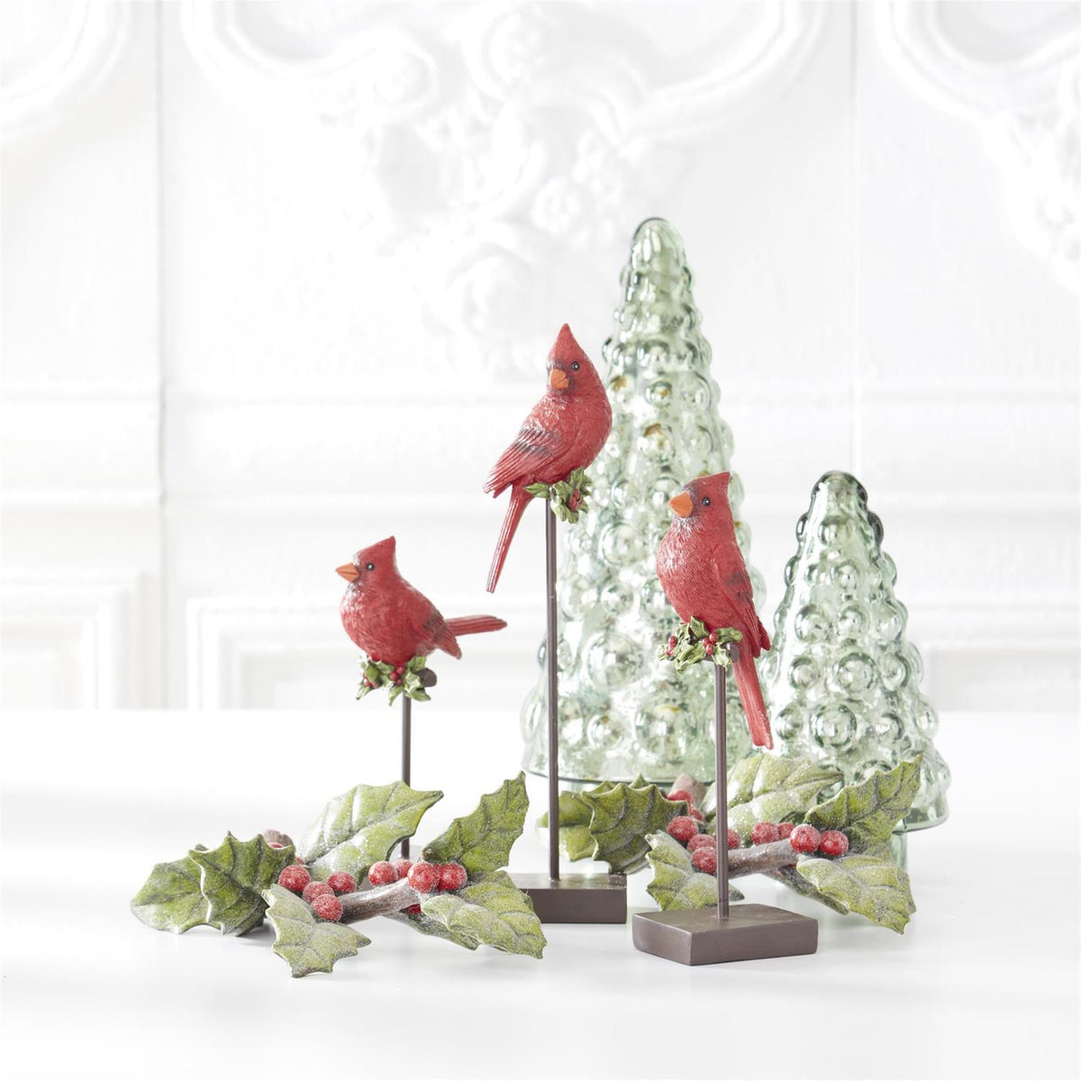 Design Shop Set of 3 Resin Cardinals W/holly on Black Metal Spindle