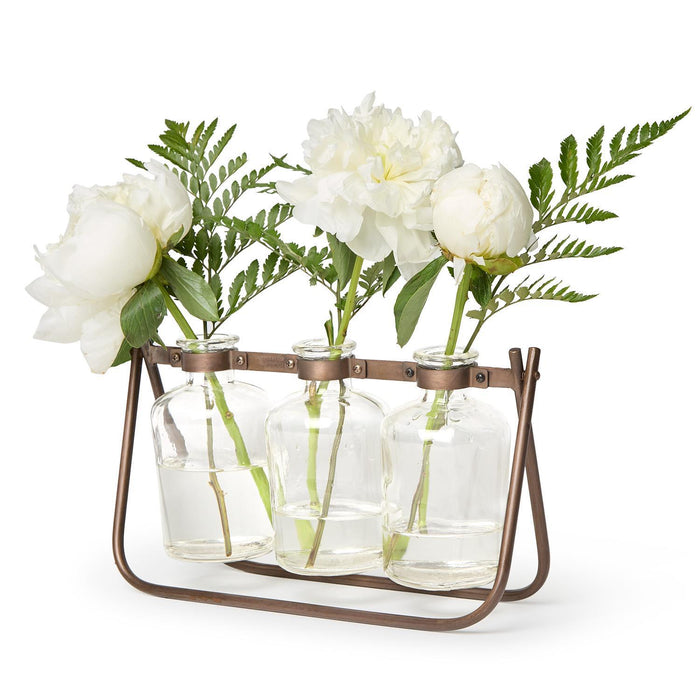Design Shop Hinged Flower Arranger w/3 Glass Bottle Vases on Metal Stand - Glass/Iron