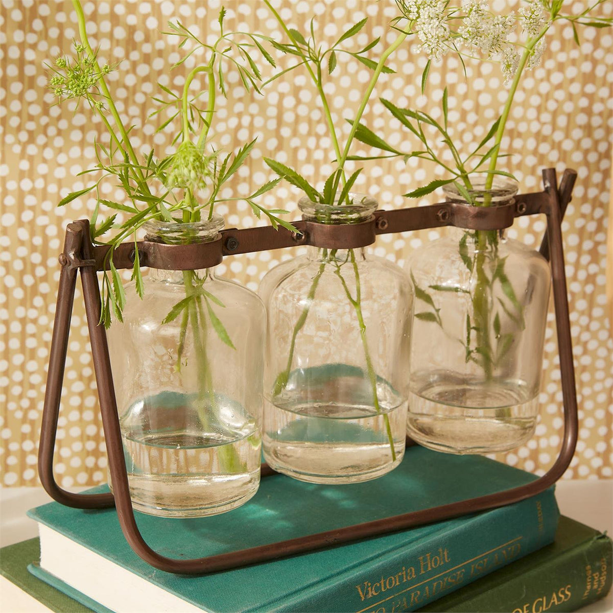 Design Shop Hinged Flower Arranger w/3 Glass Bottle Vases on Metal Stand - Glass/Iron