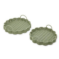 Design Shop All Weather Wicker Scallop Edge Green Round Serving Tray w/Handles - Plastic/Iron, Set of 2.