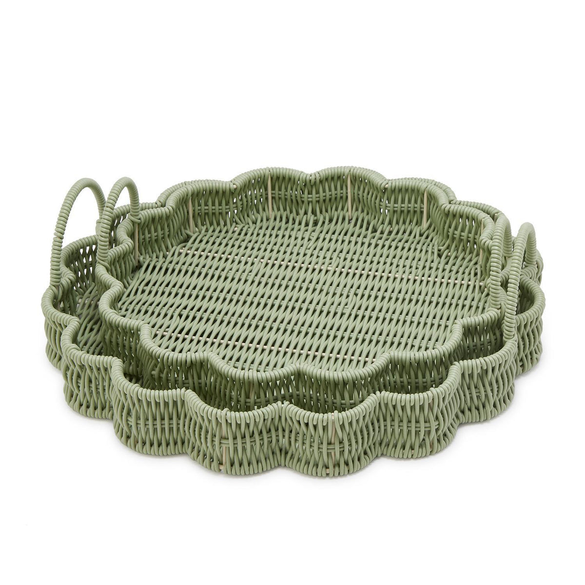 Design Shop All Weather Wicker Scallop Edge Green Round Serving Tray w/Handles - Plastic/Iron, Set of 2.