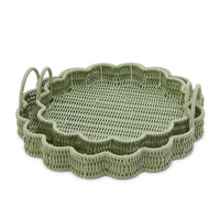 Design Shop All Weather Wicker Scallop Edge Green Round Serving Tray w/Handles - Plastic/Iron, Set of 2.