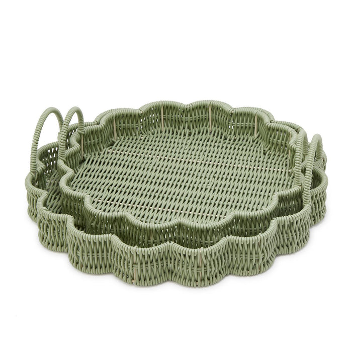 Design Shop All Weather Wicker Scallop Edge Green Round Serving Tray w/Handles - Plastic/Iron, Set of 2.