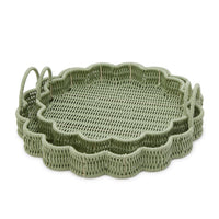 Design Shop All Weather Wicker Scallop Edge Green Round Serving Tray w/Handles - Plastic/Iron, Set of 2.