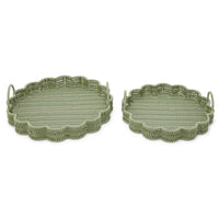 Design Shop All Weather Wicker Scallop Edge Green Round Serving Tray w/Handles - Plastic/Iron, Set of 2.