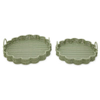 Design Shop All Weather Wicker Scallop Edge Green Round Serving Tray w/Handles - Plastic/Iron, Set of 2.