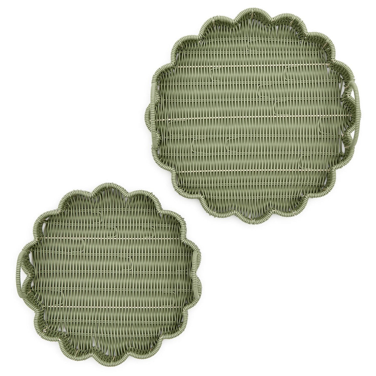 Design Shop All Weather Wicker Scallop Edge Green Round Serving Tray w/Handles - Plastic/Iron, Set of 2.