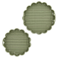 Design Shop All Weather Wicker Scallop Edge Green Round Serving Tray w/Handles - Plastic/Iron, Set of 2.