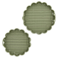 Design Shop All Weather Wicker Scallop Edge Green Round Serving Tray w/Handles - Plastic/Iron, Set of 2.
