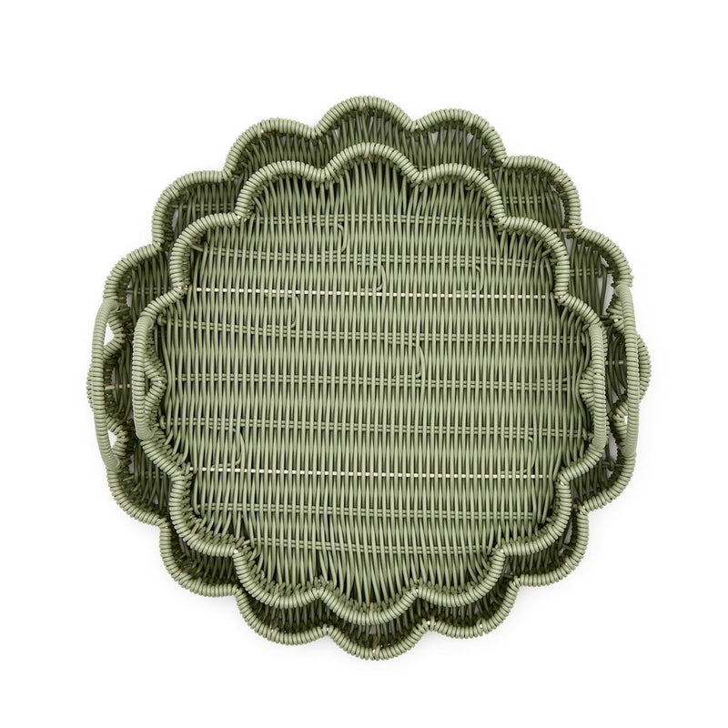 Design Shop All Weather Wicker Scallop Edge Green Round Serving Tray w/Handles - Plastic/Iron, Set of 2.