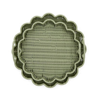 Design Shop All Weather Wicker Scallop Edge Green Round Serving Tray w/Handles - Plastic/Iron, Set of 2.