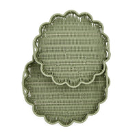 Design Shop All Weather Wicker Scallop Edge Green Round Serving Tray w/Handles - Plastic/Iron, Set of 2.